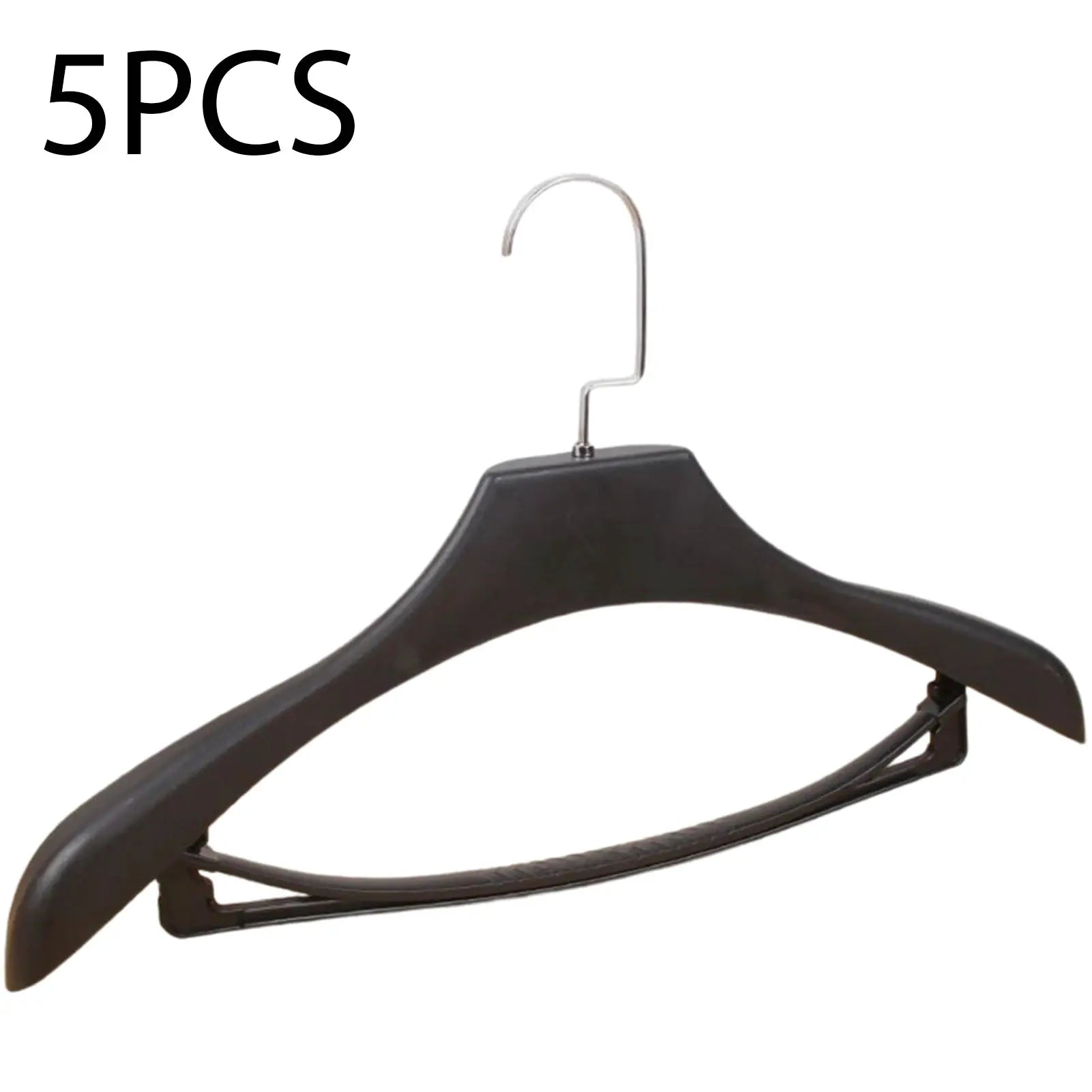 5-piece wide-shoulder plastic clothes hangers with metal hooks, black, Simples Market.