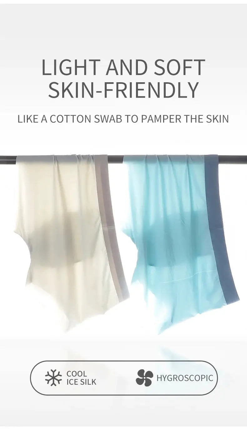 MIIOW 3-pack ice silk antistatic men’s boxer underwear by Simples Market, beige and light blue, seamless cut hem