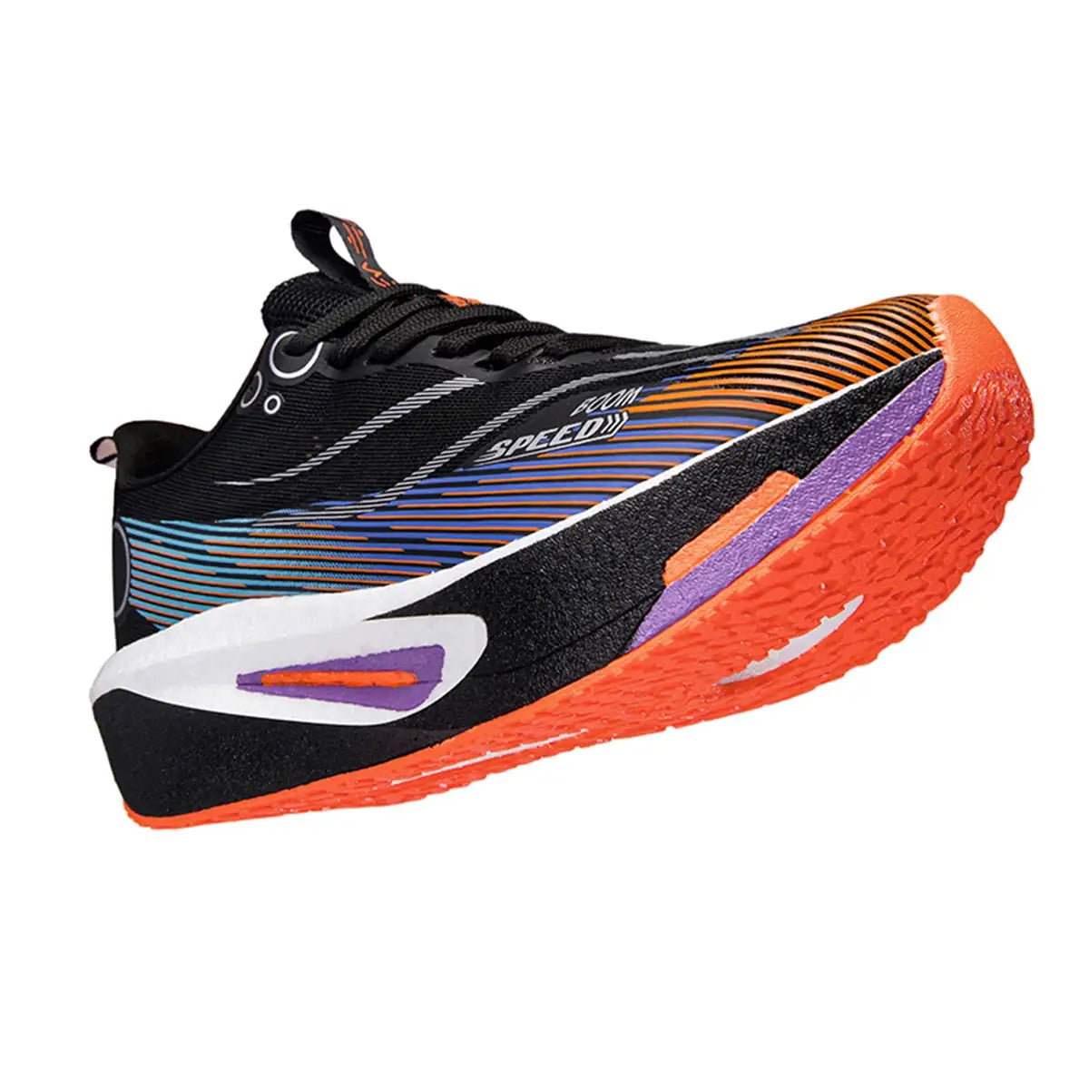 Simples Market carbon plate running shoe, black upper with orange outsole and blue accents, lightweight marathon trainer