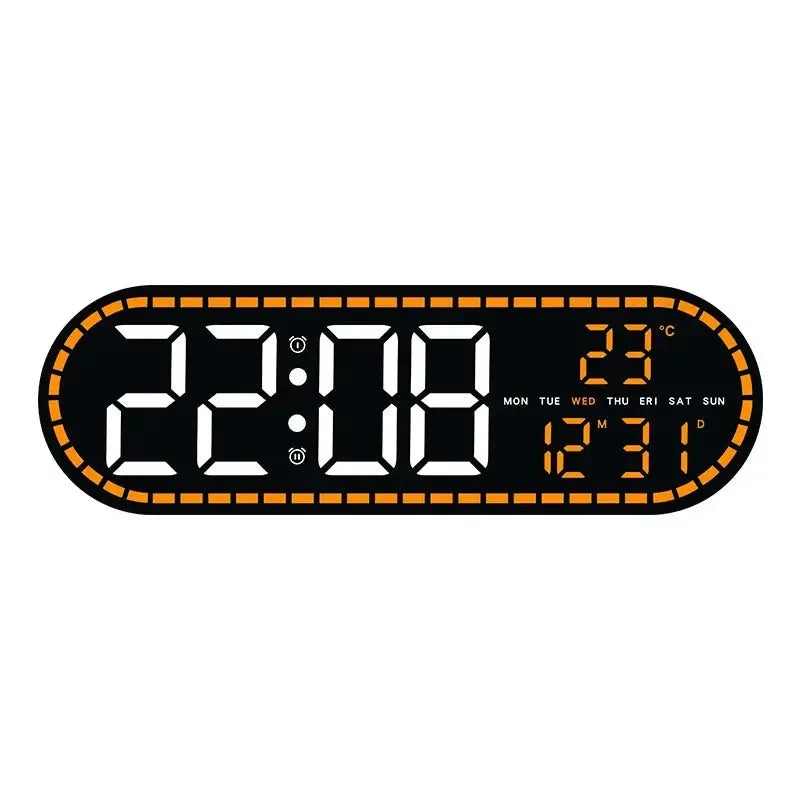 Digital LED wall clock with two alarms, temp, date, weekday display and orange dashed border