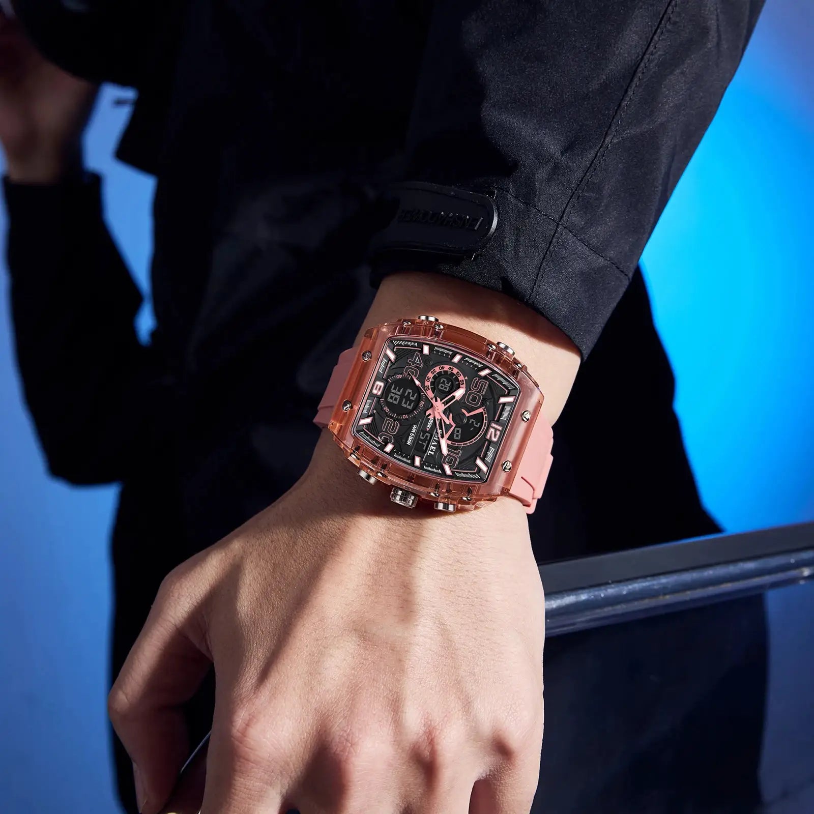 SMAEL 8109 men's square dual-display sport watch; rose-gold case with pink silicone strap and chronograph dial
