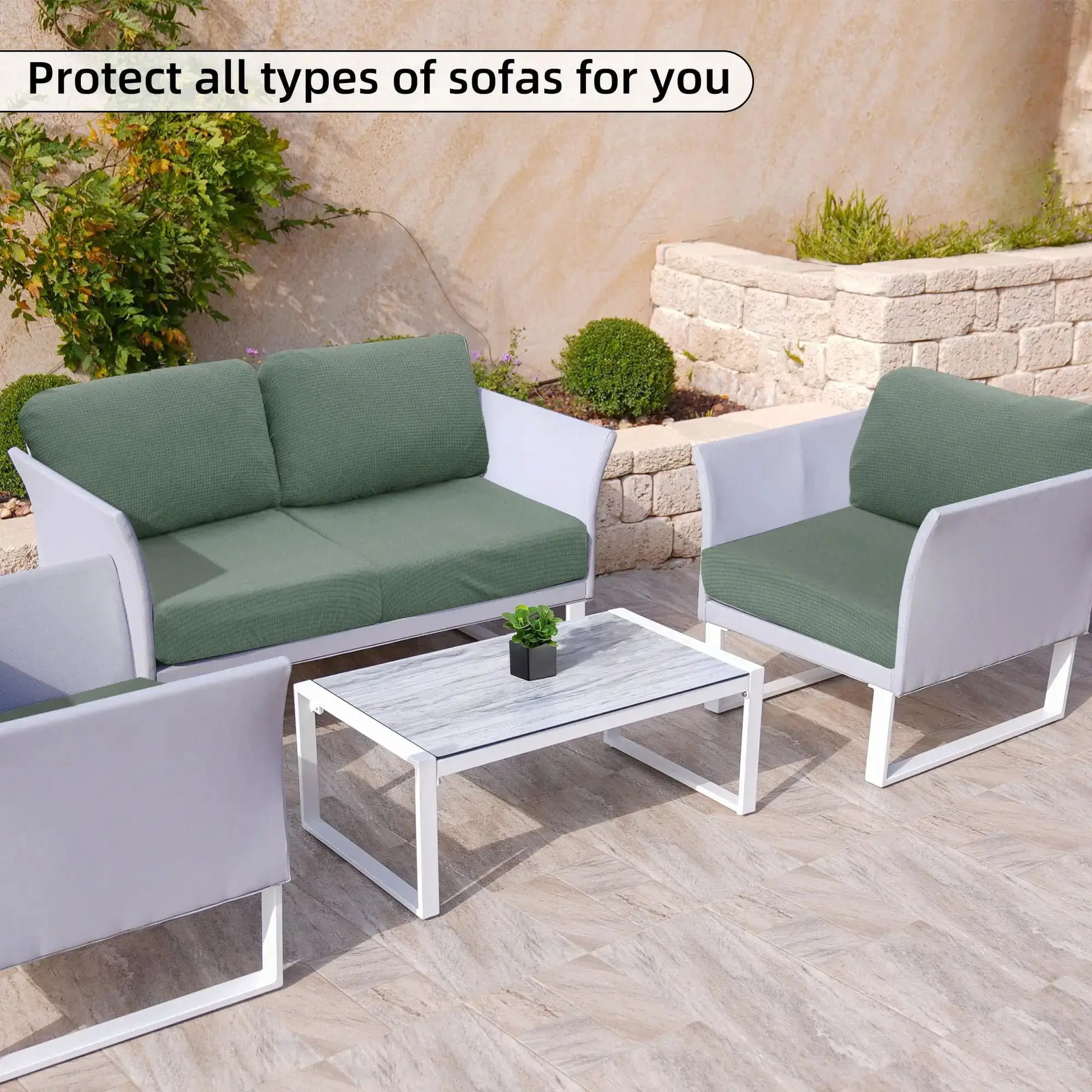 Jacquard patio sofa cushion cover; universal outdoor stretch cover in solid green waffle pattern