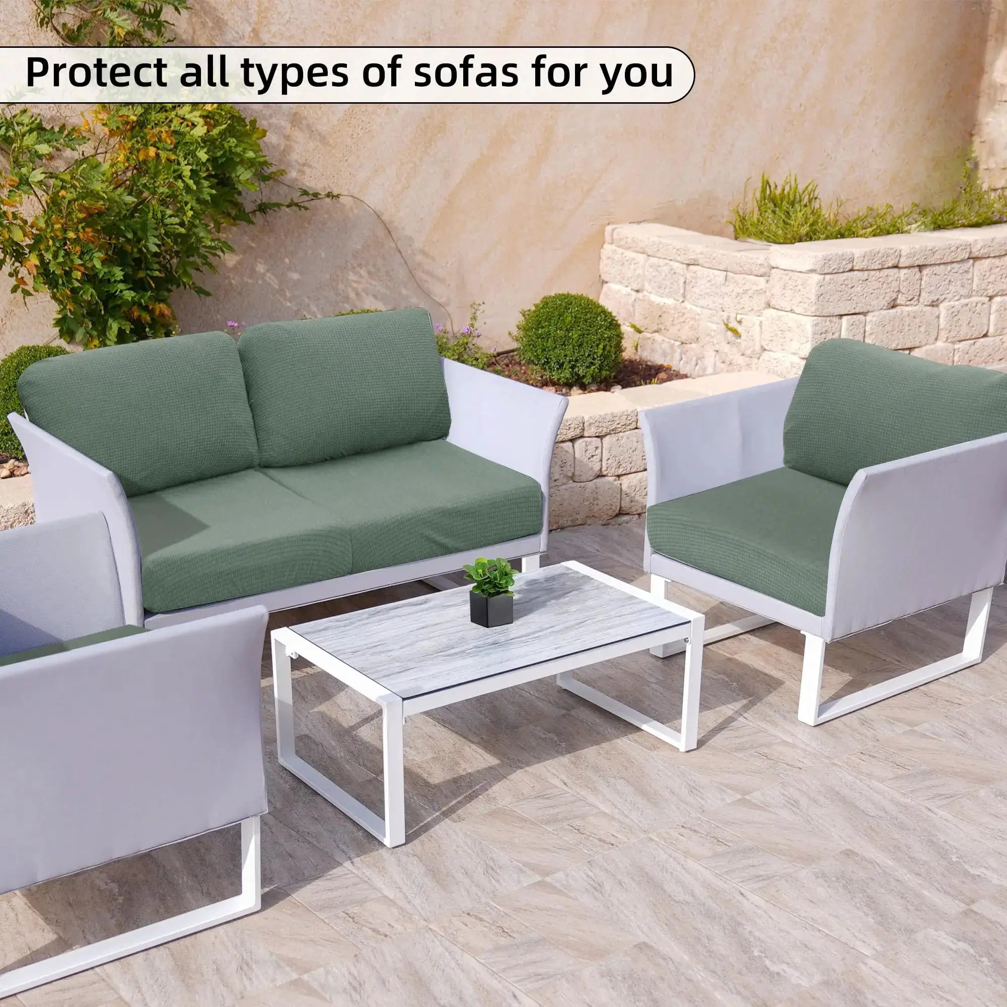 Jacquard patio sofa cushion cover; universal outdoor stretch cover in solid green waffle pattern