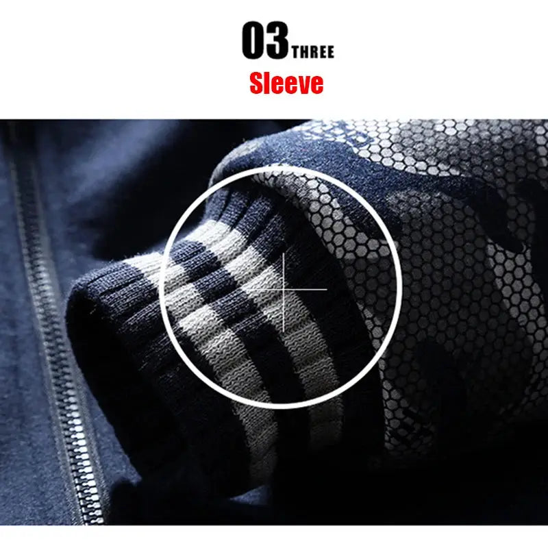 Men's jacket sleeve with striped rib-knit cuff on dark navy fabric