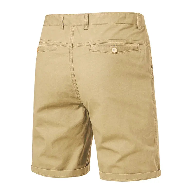Simples Market men's cotton casual shorts, beige khaki, knee-length with belt loops and back pocket button.