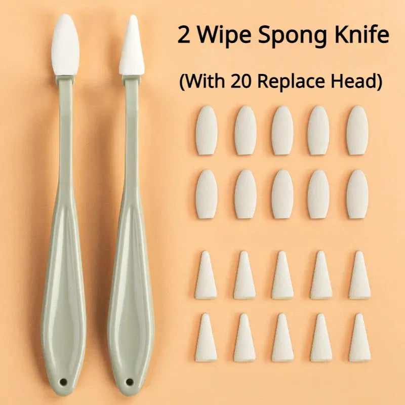 2 Wipe Sponge Knife set with 20 replaceable heads; gray-handled tools and white sponge tips