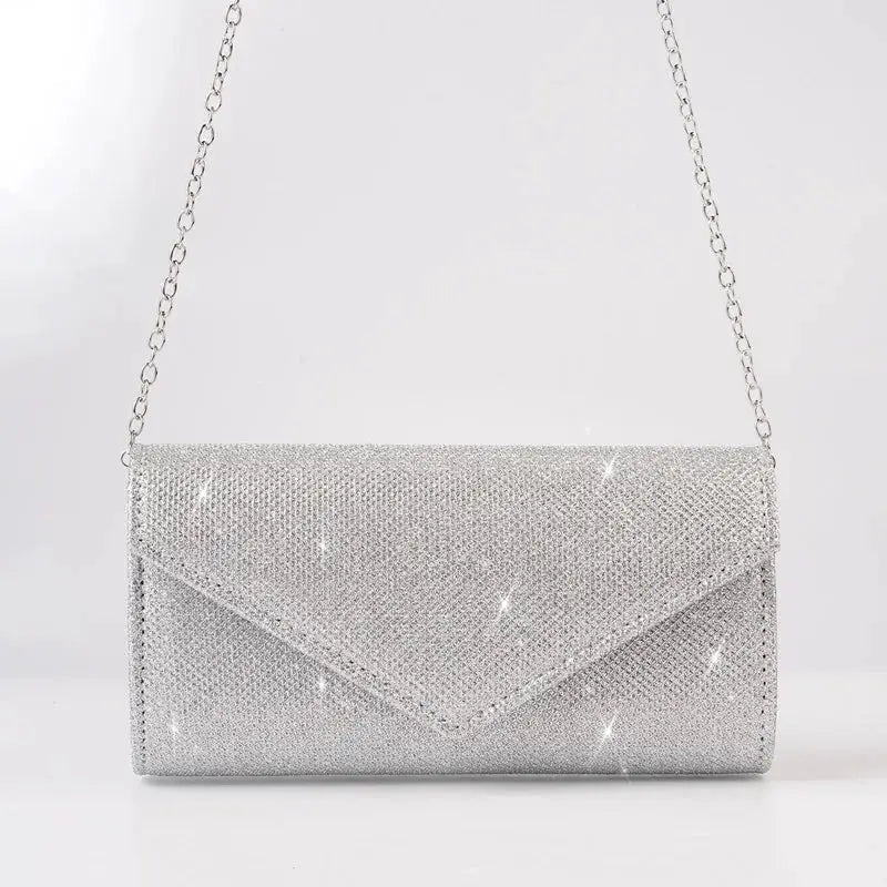 Envelope evening bag for women in silver glitter with chain shoulder strap by Simples Market