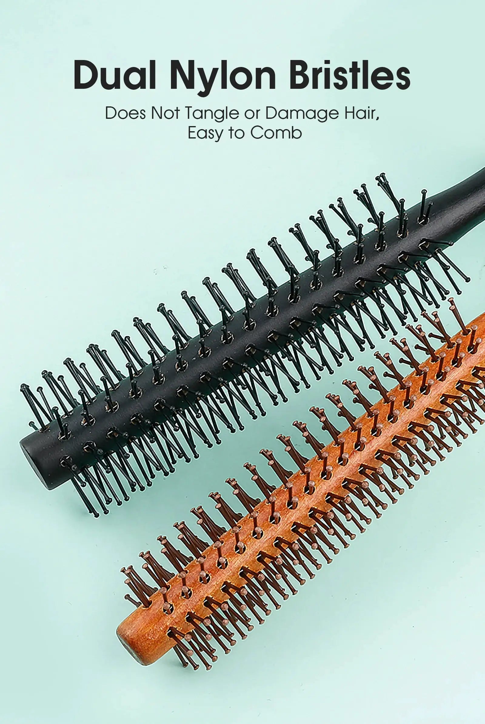 Wooden-handle circular hair brush with nylon teeth; 3-piece set in black and natural wood tones.