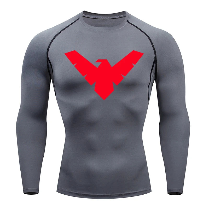 Men's gray long-sleeve compression shirt with red geometric logo by Simples Market.