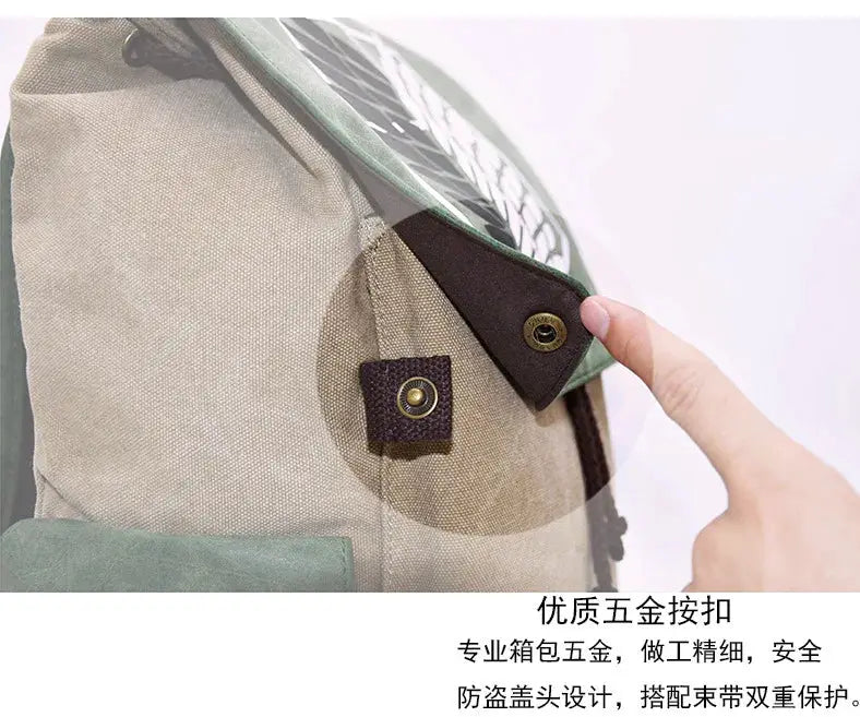 Simples Market Anime Attack on Titan kids backpack, beige canvas with green trim and metal snap closure
