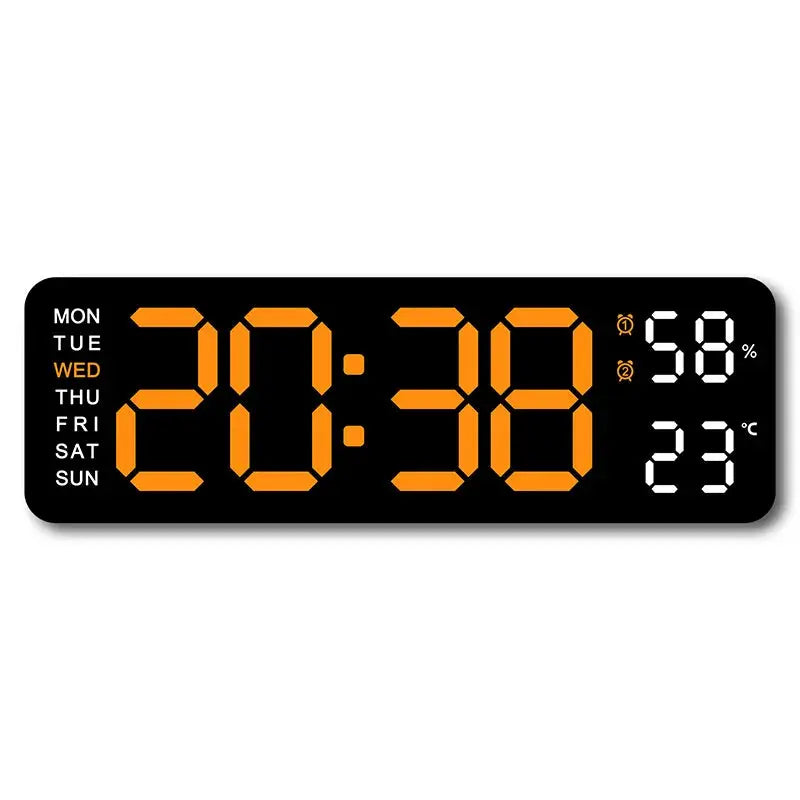9-inch large digital wall clock with orange LED display, weekdays on left and humidity/temperature readouts on right