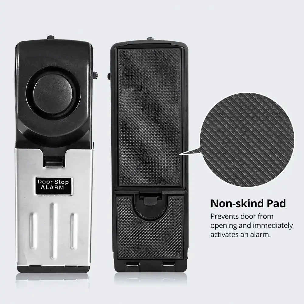 2-pack wireless door stop alarm system with black and silver units and non-skid textured pad, 125dB loud home security.