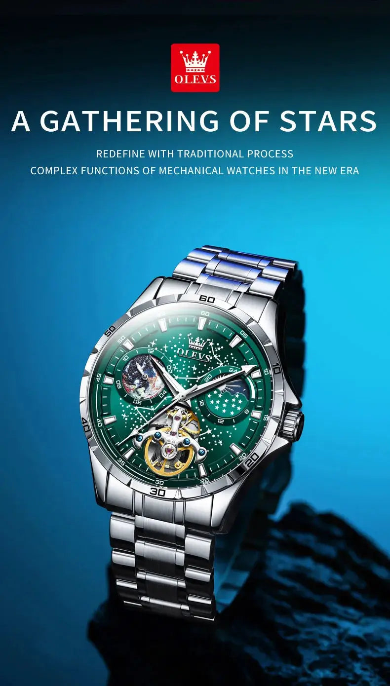 OLEVS Flywheel skeleton automatic watch for men with green starry dial and stainless steel bracelet
