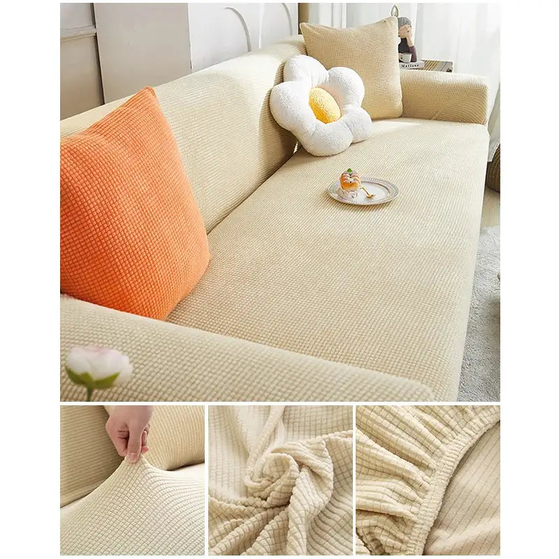 Beige elastic jacquard sofa cover for sectional L-shape couch; stretch slipcover.