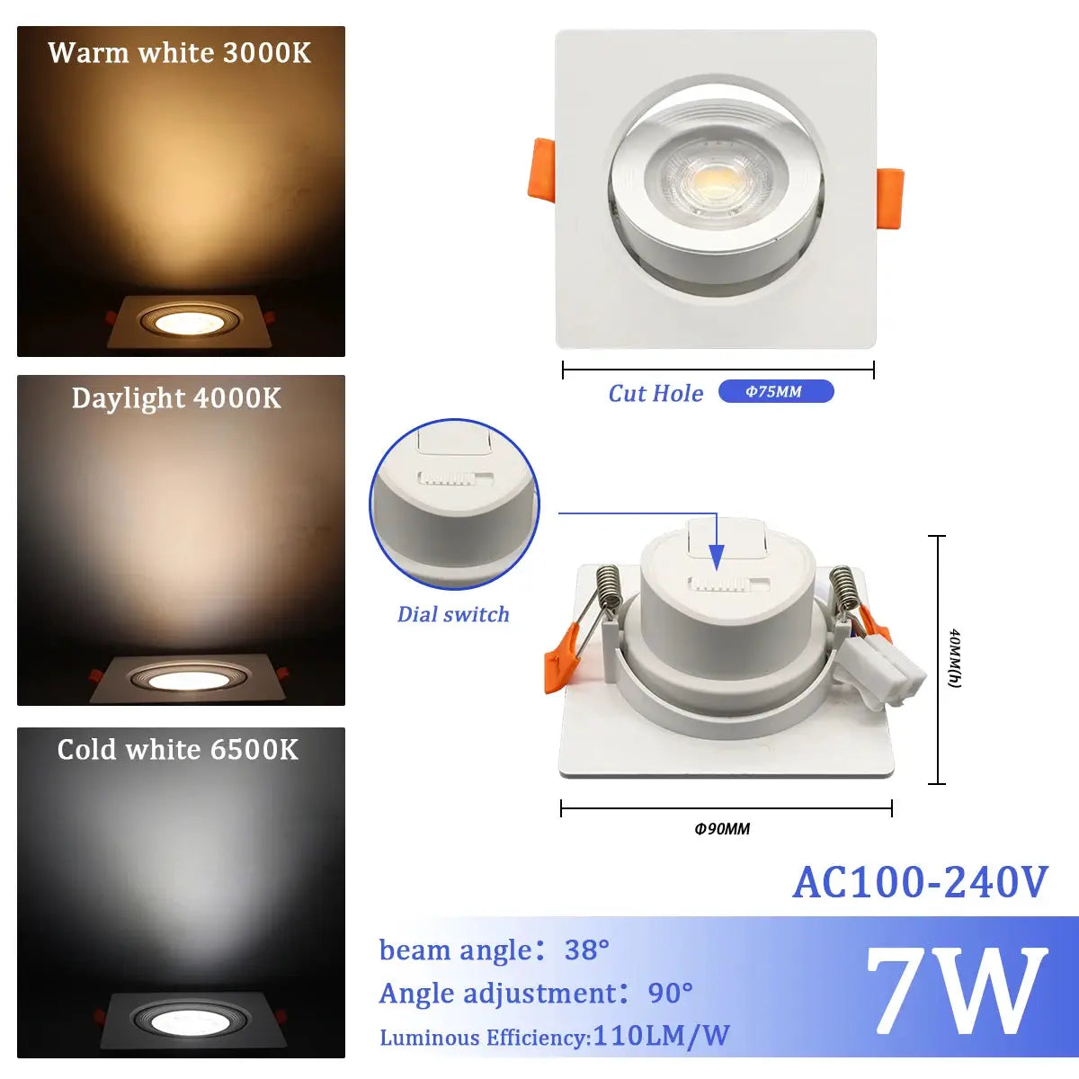 Simples Market LED recessed ceiling spotlight, 7W, 110–240V AC, 3 CCT (3000K/4000K/6500K), 90° adjustable, 75mm cut hole.
