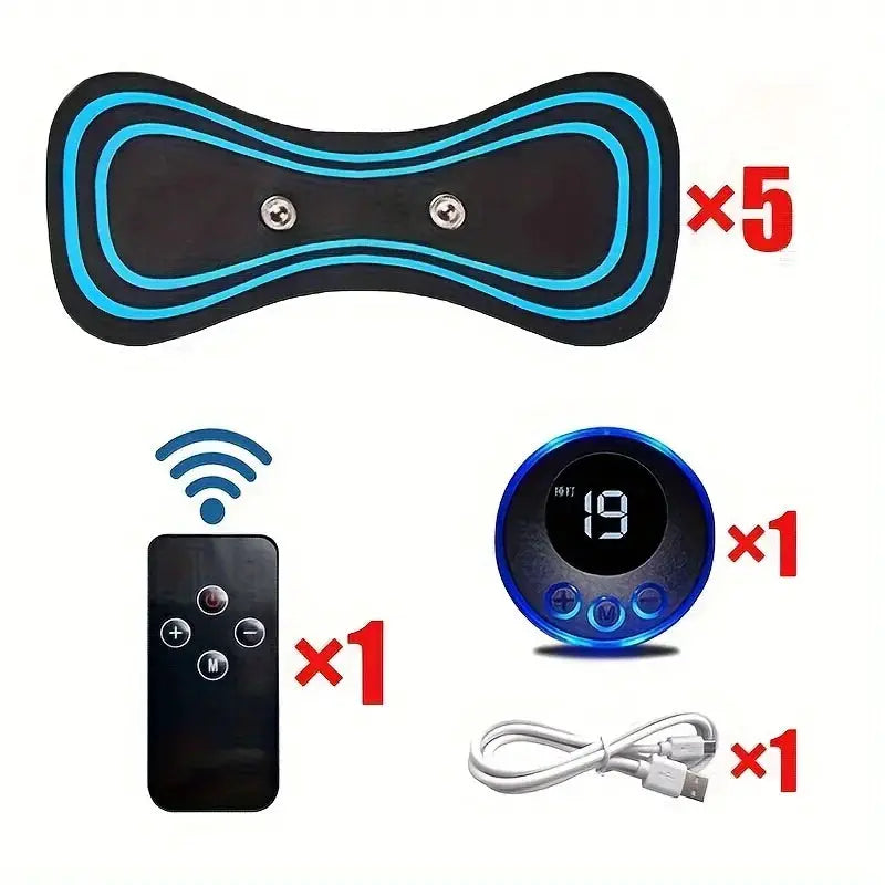 Electric muscle massager set with EMS neck pad, remote, blue-lit display unit, USB cable, and 5 pads