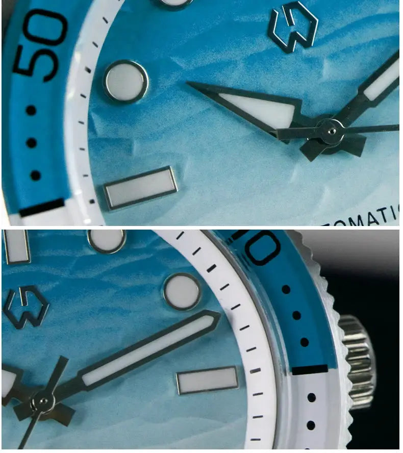 WISHDOIT men's automatic dive watch with ocean blue ripple dial and sapphire glass
