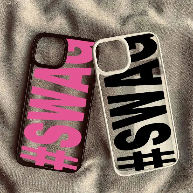 SWAG Bold Letter iPhone case pair; pink text on black and black text on white, two cases