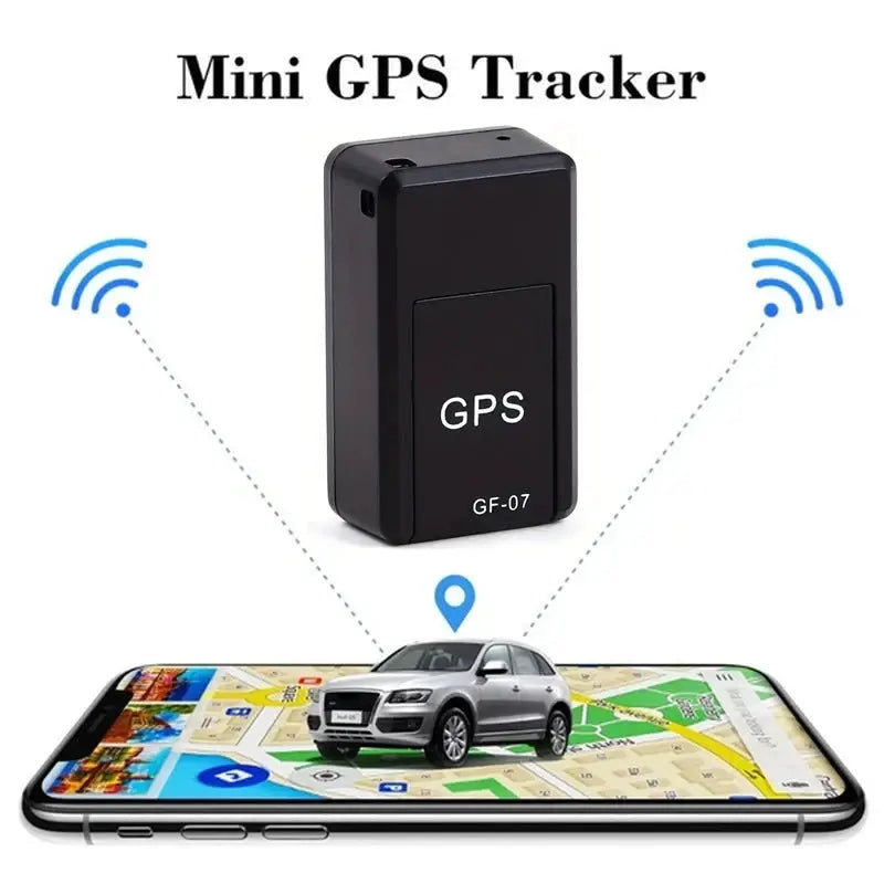 GF07 Mini GPS Tracker by Simples Market; compact black real-time vehicle and pet locator with smartphone app