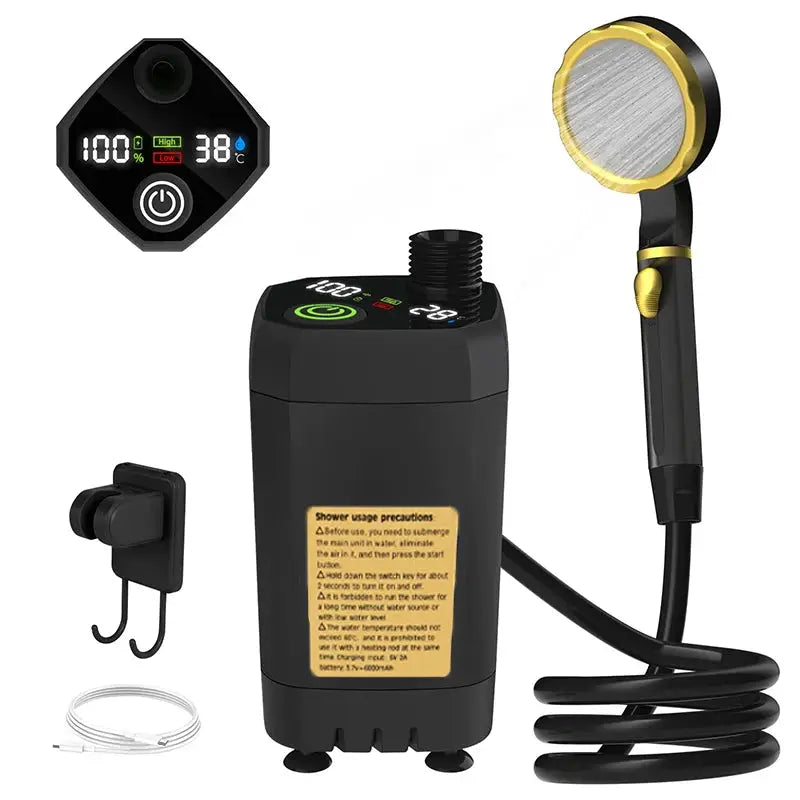 Simples Market camping shower pump kit with digital display, compact black unit, shower head and hose
