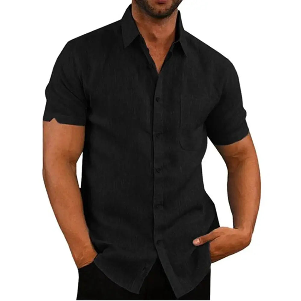 Simples Market cotton-linen men's short-sleeve shirt, black, plus size, turn-down collar, casual beach style