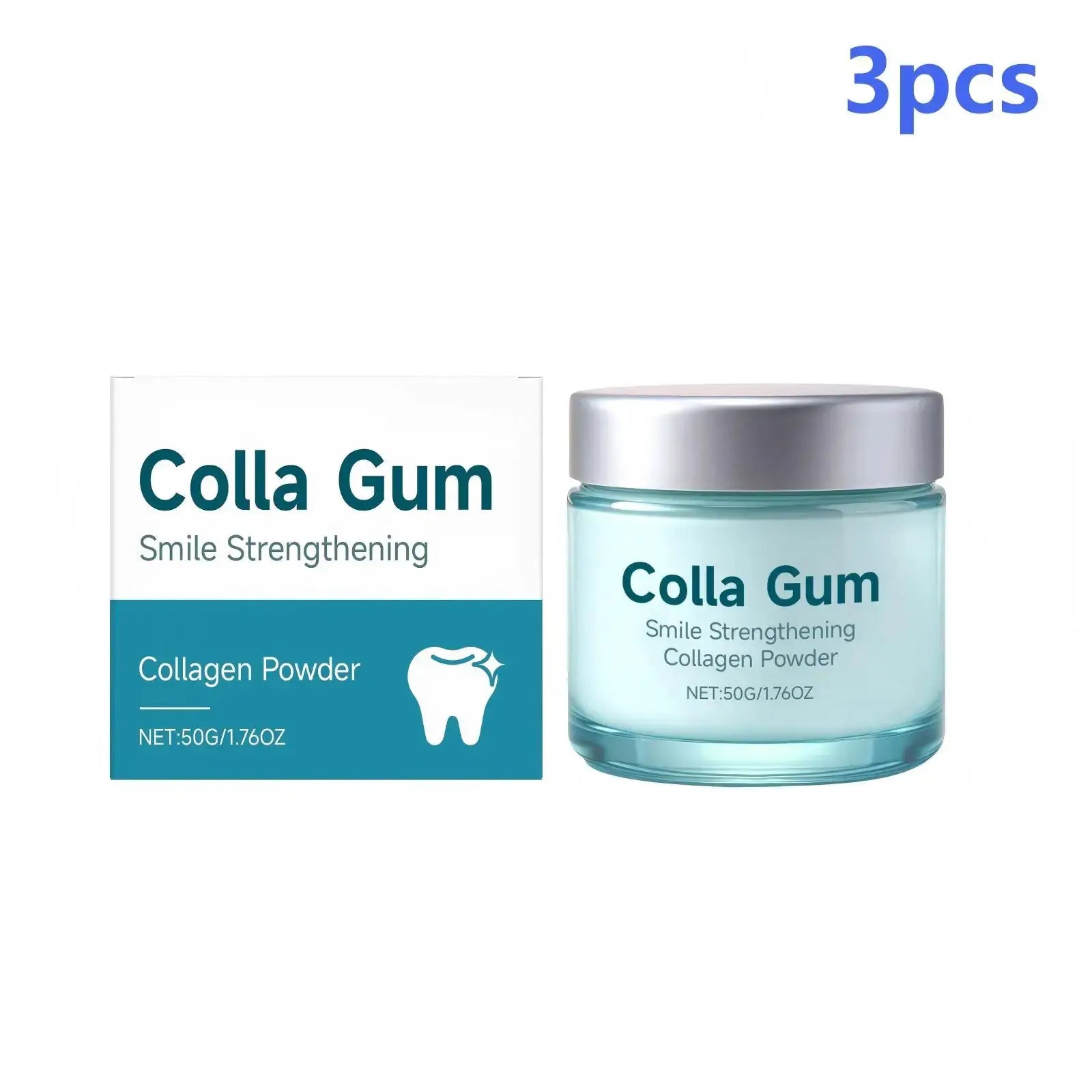 Colla Gum collagen powder dental care set with turquoise jar and white teal box, 3pcs
