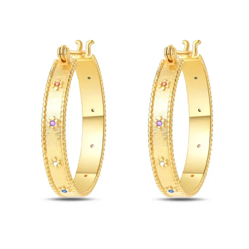 Gold-tone hoop earrings with beaded edge and small colorful stones, women's pair