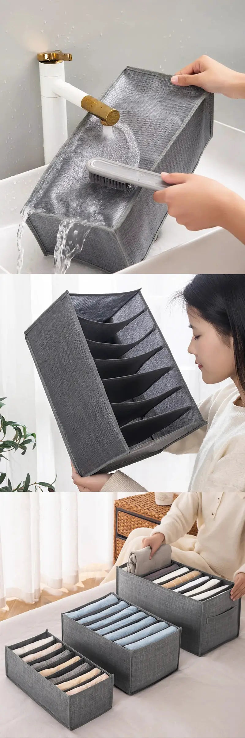 Grey fabric wardrobe storage organizer boxes set (3) with divided compartments for jeans, shirts, socks Simples Market