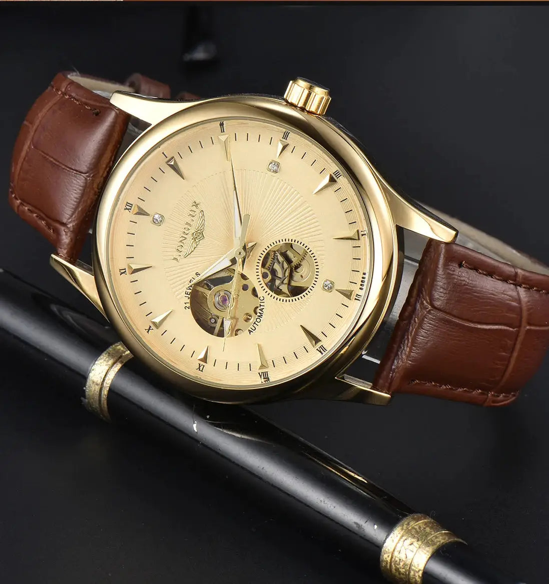 LONGLUX automatic skeleton men's watch with gold-tone case and brown leather strap.