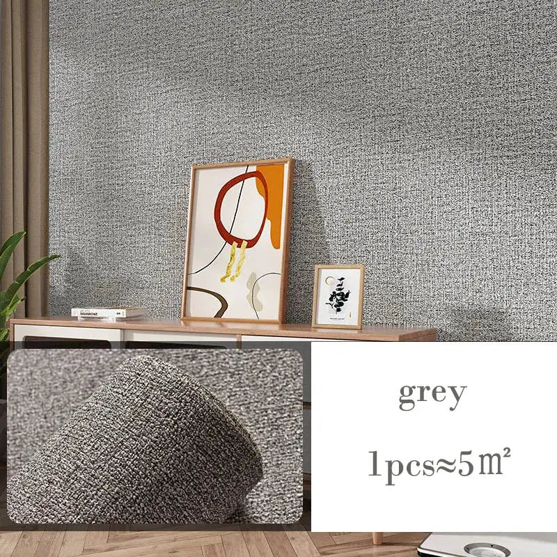 Self-adhesive 3D thickened grey linen-textured thermal insulation wallpaper for walls