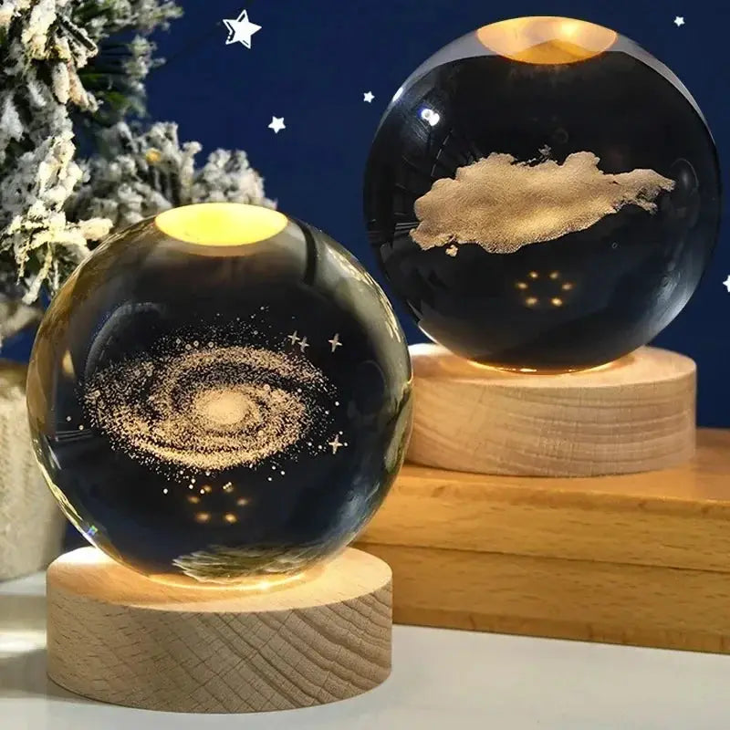 3D crystal ball night light globe set (2) on wooden bases with galaxy swirl and star-map engravings, warm amber glow