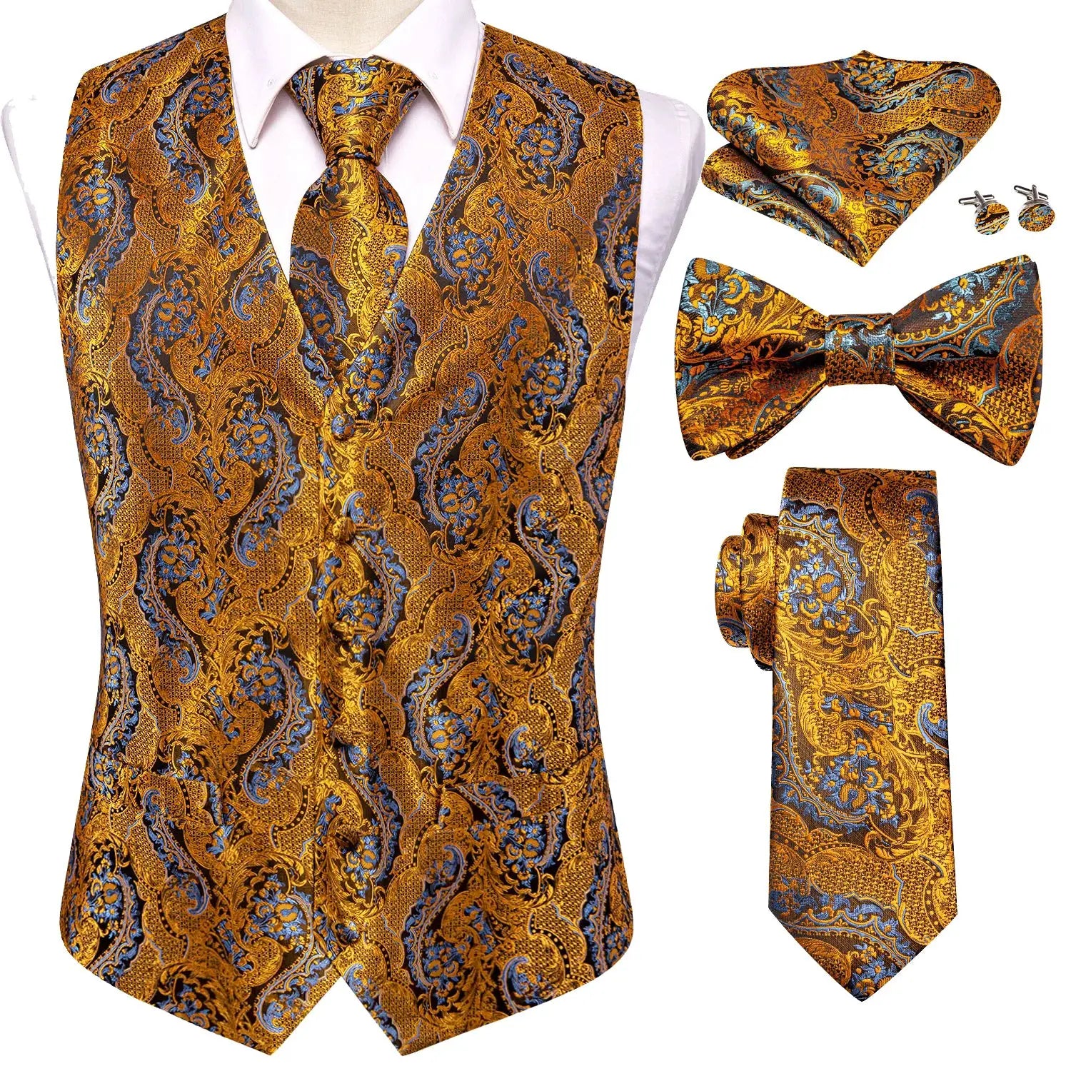 Waistcoat set for men in luxury gold blue paisley with tie, bow tie and cufflinks by Simples Market