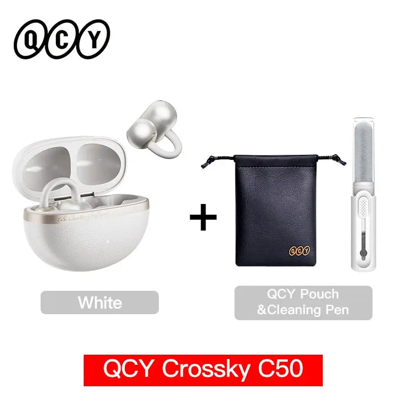 QCY Crossky C50 open-ear wireless earbuds in white with charging case; bundle includes black pouch and cleaning pen