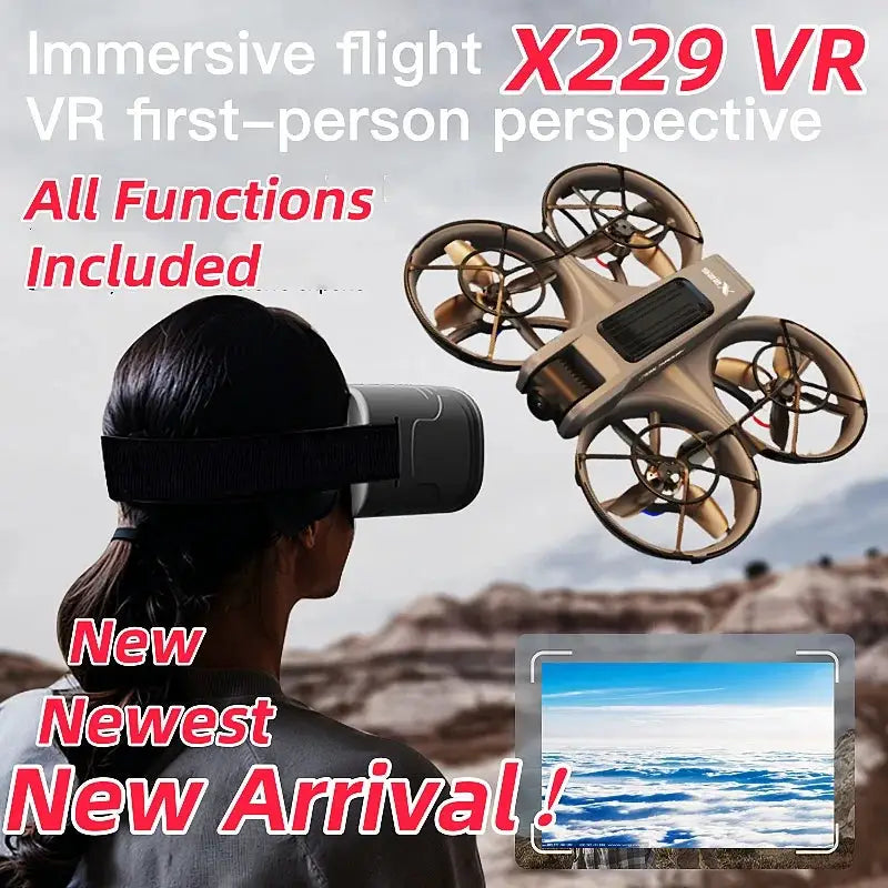 Simples Market X229 VR drone with HD camera, brushless motors, optical flow positioning; VR headset included