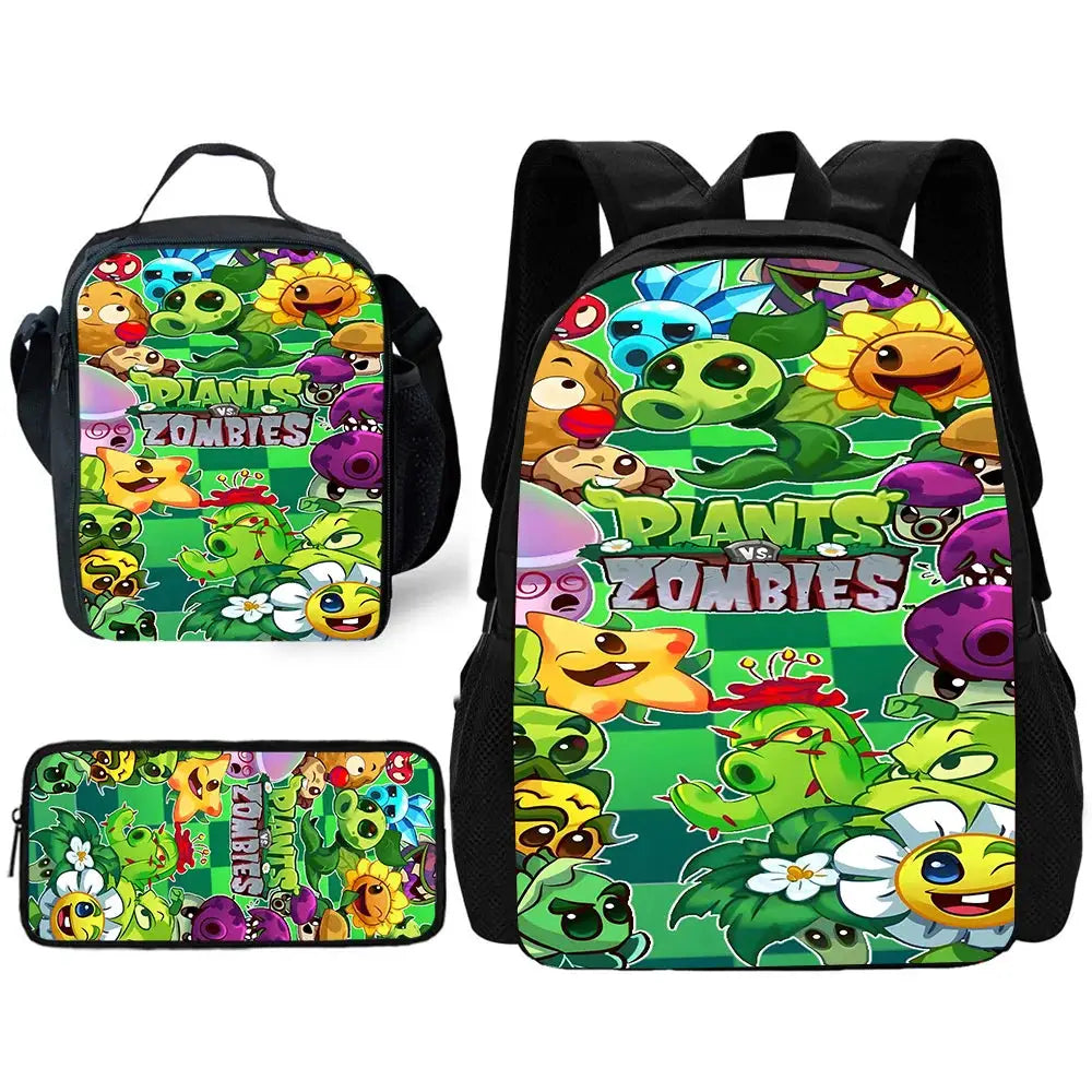 Plants vs Zombies kids school backpack set by Simples Market, multicolored cartoon design with lunch bag and pencil case