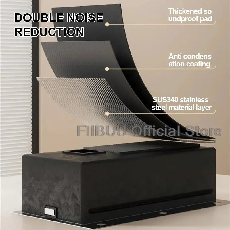 Undercounter kitchen sink drain accessory in black with double noise reduction and SUS304 stainless steel layer