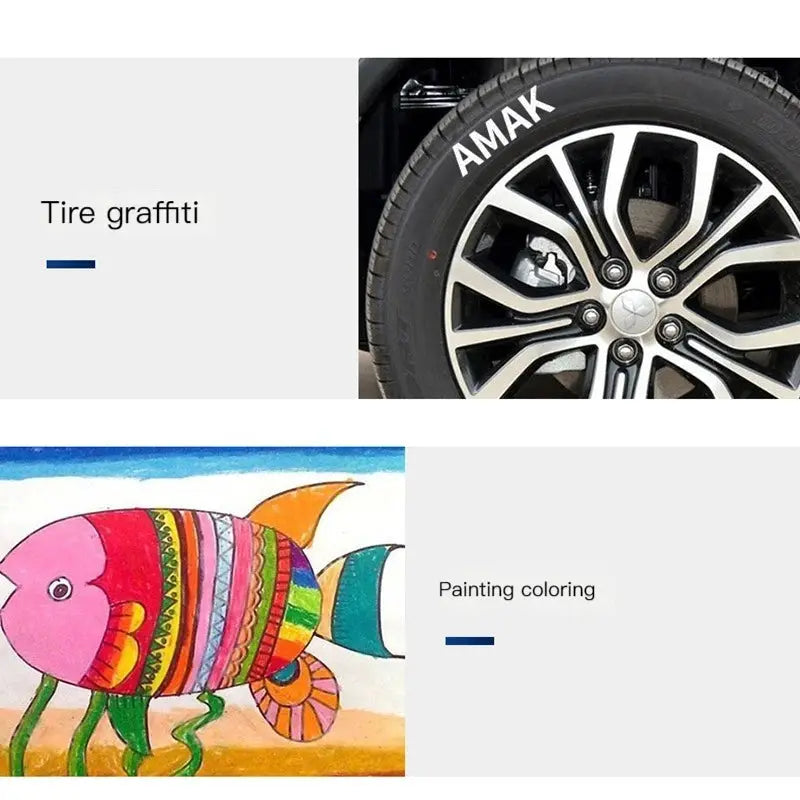 White permanent paint pen set; collage shows two art samples: tire graffiti on a car wheel and a colorful fish painting.