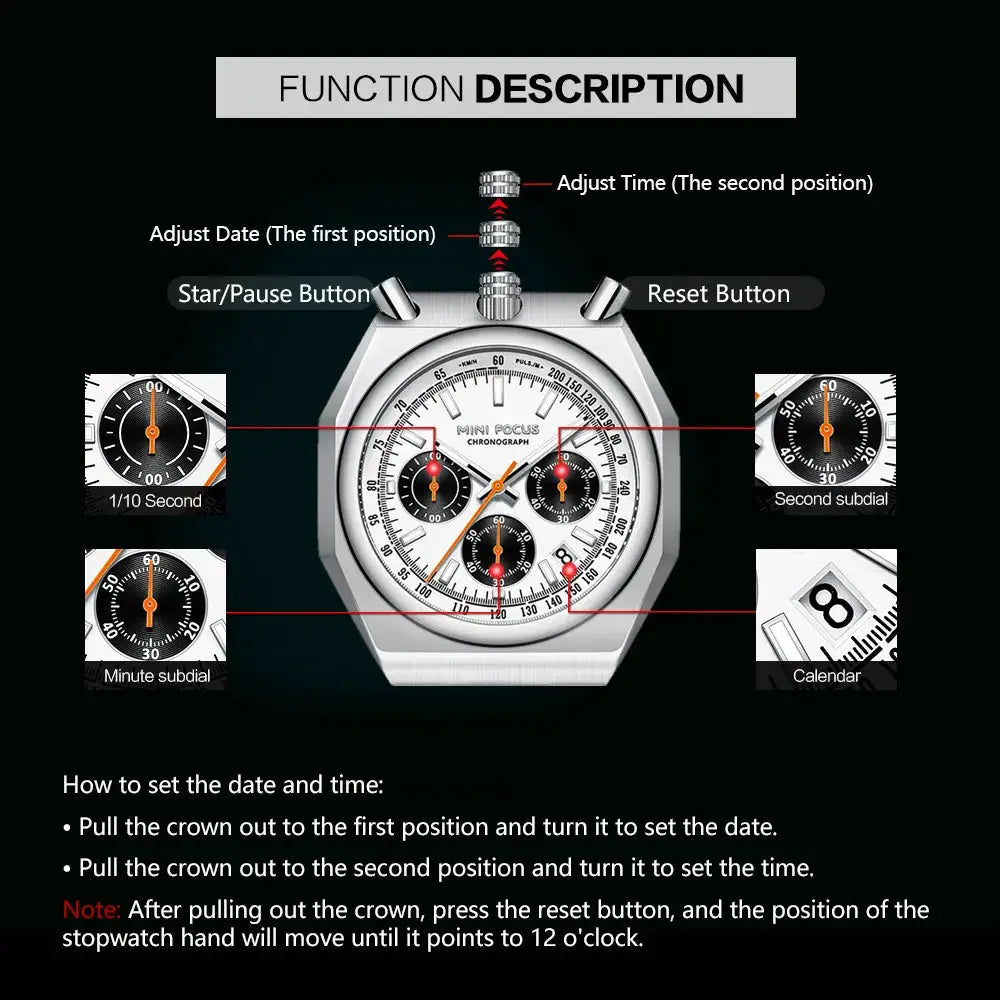 MINI FOCUS chronograph quartz watch for men with stainless steel strap, calendar date, and luminous silver-tone dial