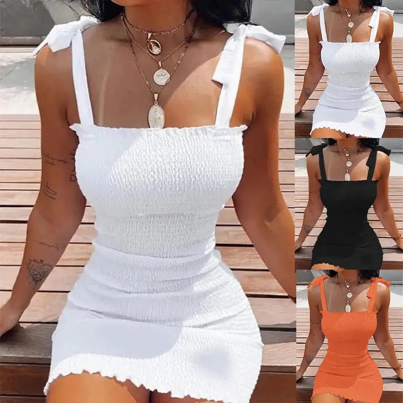 White Off Shoulder Mini Dress With Spaghetti Straps For Summer Beach