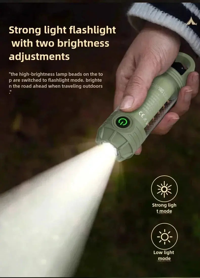 Outdoor LED flashlight by Simples Market; green, rechargeable, waterproof camping light with two brightness modes.