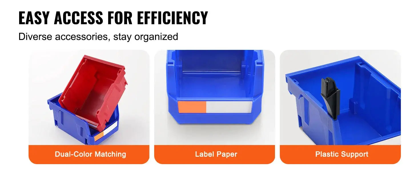 SucceBuy blue stackable storage bins; red inner bin, 24-piece set shown in a three-panel display