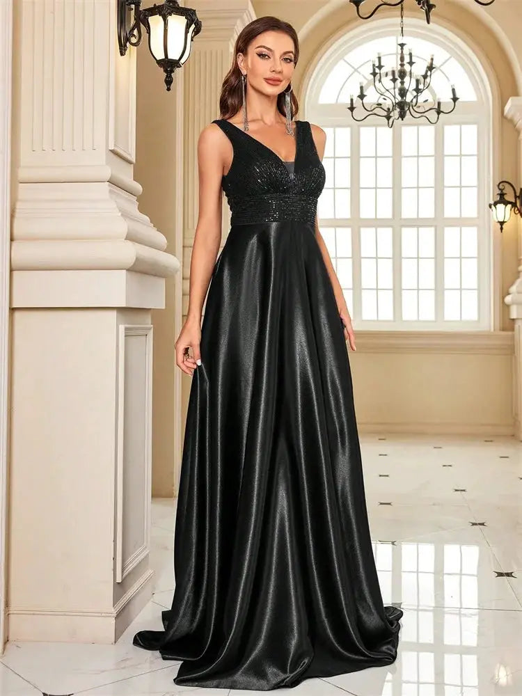 Emerald Green Sequin Evening Dress V Neck Satin Prom Floor Length