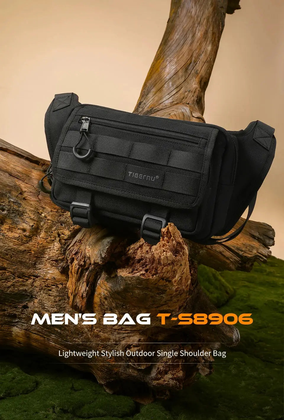 Tigernu men's chest bag outdoor messenger sling bag black with MOLLE webbing and front zip pocket