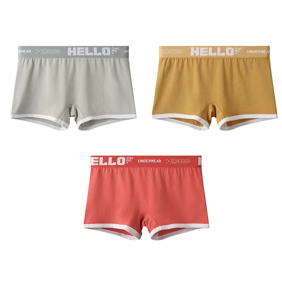 3-pack women's cotton boyshorts by Simples Market in gray, mustard, and coral red