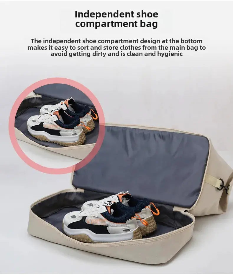 Expandable travel duffle bag with shoe compartment; beige exterior, gray interior; includes shoulder strap and sneakers.