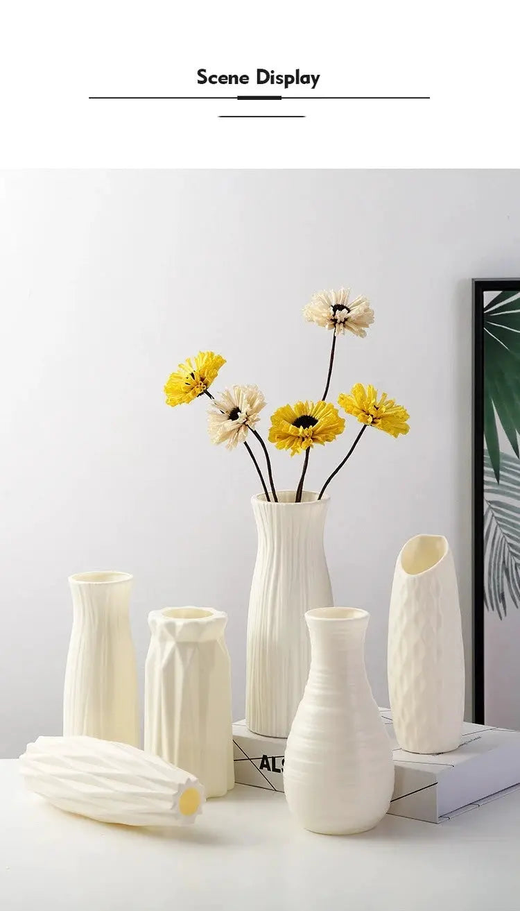 Nordic plastic vases set, white with textured ribbed surfaces for flowers and home decor