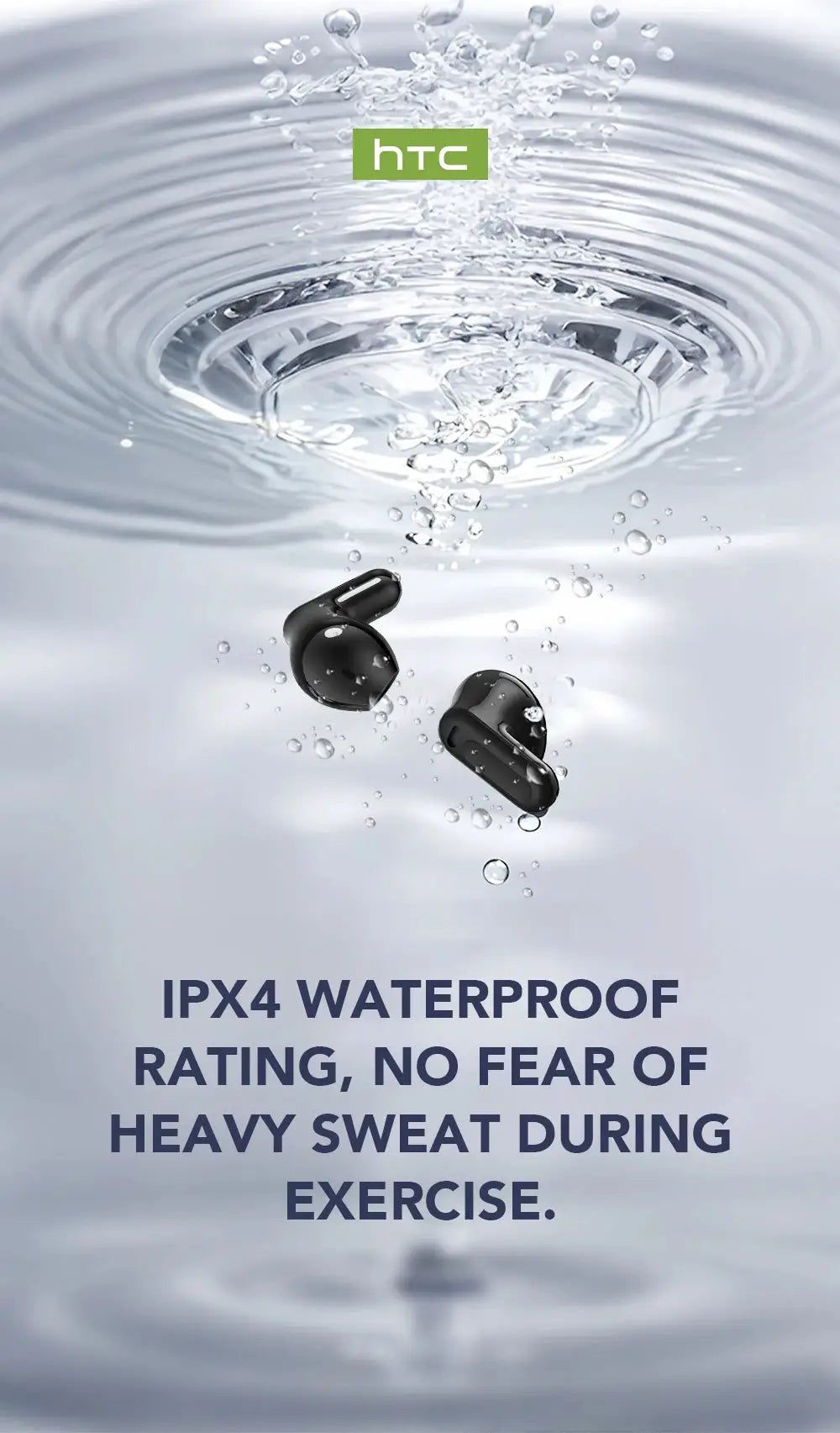 HTC wireless earbuds in black, pair shown with IPX4 waterproof rating