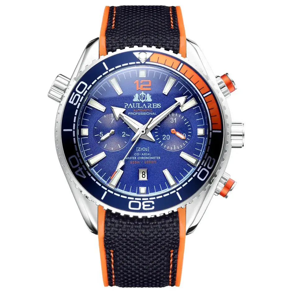 PAULAREIS men's automatic watch with blue dial, orange accents, steel case, and orange-trim rubber strap.