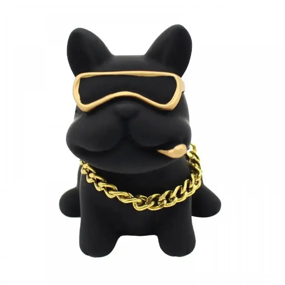 Bulldog resin car dashboard ornament in black with gold sunglasses and chain
