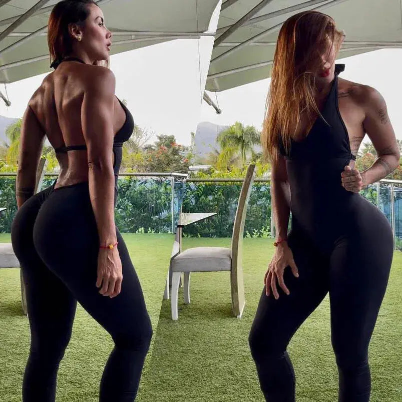 Women's black sporty yoga jumpsuit with padding, form-fitting gym overalls by Simples Market